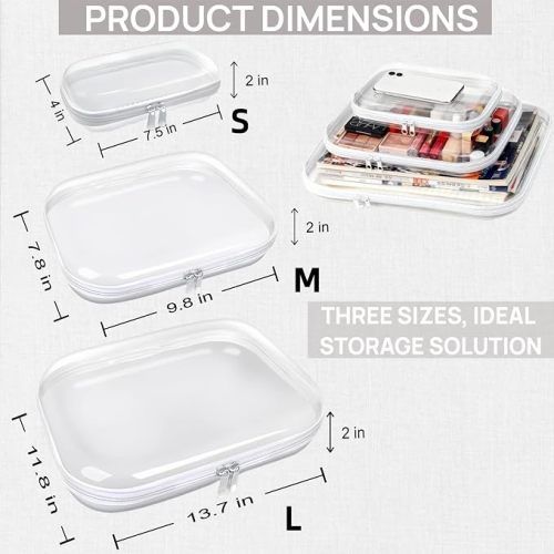 3PCS Clear Hard Plastic Zipper Case, Double Zippers Hard Pouch, Portable Travel Organizer Bin Clear Makeup Bag for Toy Storage, Snack Bag, Cosmetics, Diaper Bag, Toiletry Bag (3PCS-S)