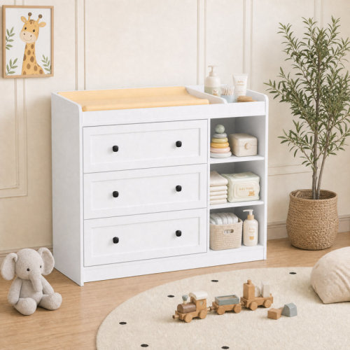 wanan 46.5" Changing Table Dresser with 3 Drawers & 3 Open Shelves, Nursery Dresser with Changing Top | Wayfair