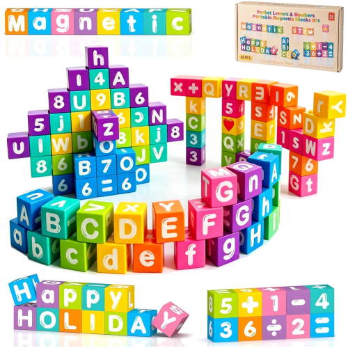AUTOVISUM Magnetic Building Blocks Set, Magnetic Alphabet & Numbers Montessori Learning Toys, for 5+ Kids Educational Construction Travel Toys for Boys Girls 216 in 36 pcs