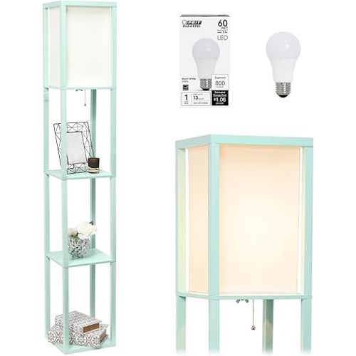 Simple Designs LF1014-AQU-LB Three Shelf Etagere Organizer Storage Floor Lamp with White Linen Shade for Living Room, Bedroom, Office, Hallway, Aqua, with Feit LED Bulb Included