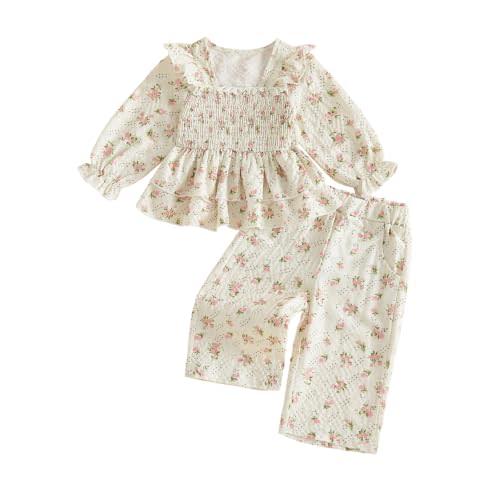 Toddler Baby Girl Fall Outfit Floral Print Smocked Shirt Pants Set | 2-Piece Clothes, Ruffle, Long Sleeve Shirt, Elastic Waist Pants, Girl Cotton Linen Outfits, Cute, Casual, 6M-5T