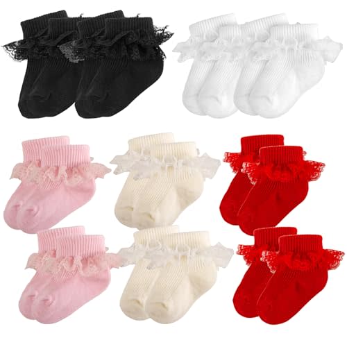Baby Girl Ruffle Socks Eyelet Double Lace Turn Cuff Ankle Frilly Dress Socks for Newborn/Infant/Toddler/Little Kids