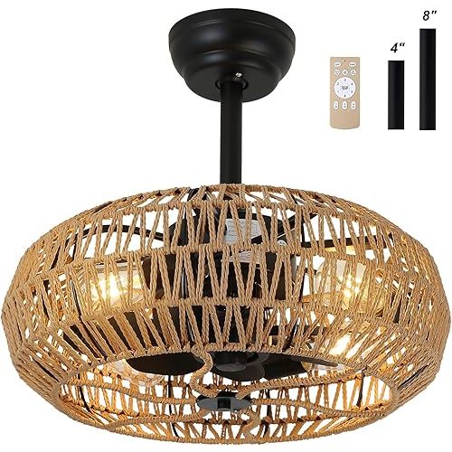 20'' Boho Rattan Caged Ceiling Fan with Light and Remote, Farmhouse Flush Mount Boho Ceiling Fan Light Low Profile Bladeless Ceiling Fan Timing 6 Speeds Reversible