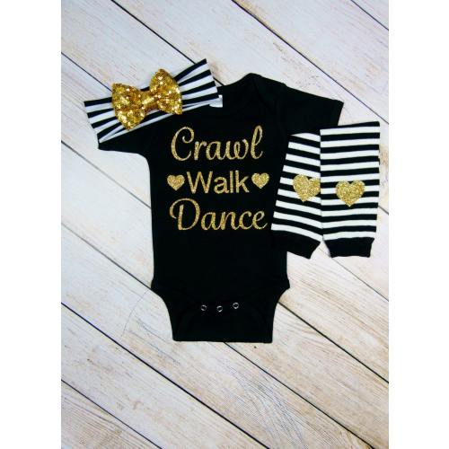 Crawl Walk Dance Baby Bodysuit: Black & Gold, Leg Warmers, Headband