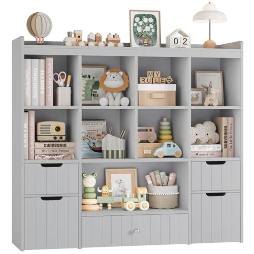 HORSTORS 48" W Kids Toy Storage Organizer, Large Toy Storage Chest with Removable Bins, 46" H Kids Bookshelf and Bookcase with Drawers for Boys and Girls, Modern Toy Box for Playroom, Classroom, Grey