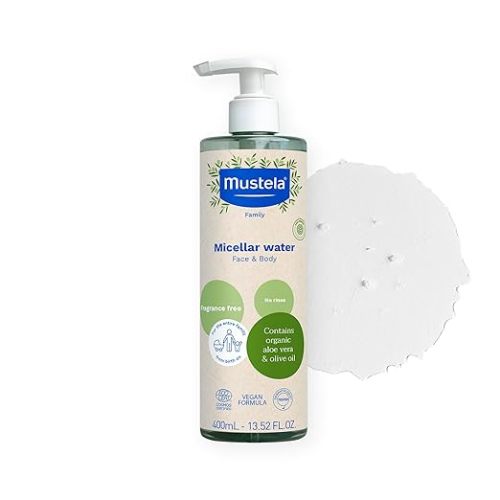 Mustela Certified Organic Micellar Cleansing Water -No-Rinse Natural Water Cleanser w/Olive Oil & Aloe Vera - For Baby, Kid & Adult - Fragrance Free, EWG Verified & Vegan -13.5 oz-Packaging may vary