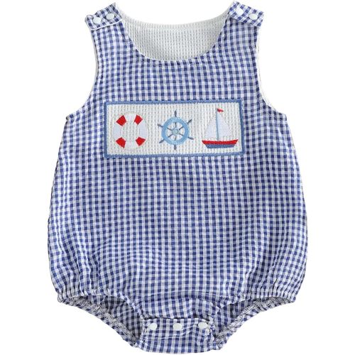 Baby Boy Bubble Romper Sailboat/Sea Animal Overalls Sleeveless Gingham Plaid Bodysuit Vacation Summer Outfit
