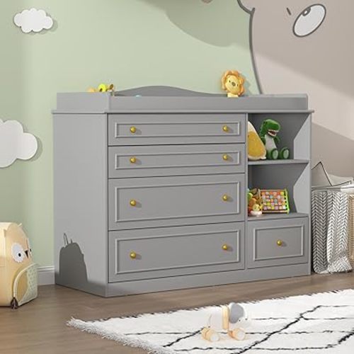 Grey Changing Table Dresser, Baby Nursery Dresser, Baby Diaper Changing Table, 5 Drawers, Adjustable Shelves, Metal Handle, Curved Wrapping Design, Grey