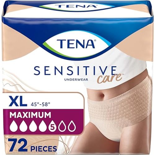 TENA Sensitive Care Adult Incontinence Underwear for Women, Maximum, XLarge, Beige, Disposable, 72 Count (4 Packs of 18)