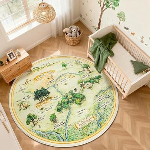 Woodland Nursery Rug 6FT, Non-Slip Hundred Acre Wood Rug, Dark Green