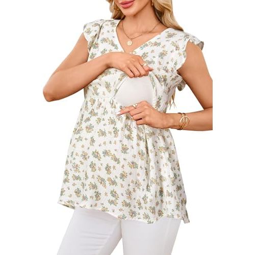 OUGES Womens 2025 Cotton Maternity Nursing Tops Summer V Neck Cap Sleeveless Floral Casual Breastfeeding Shirts Blouses