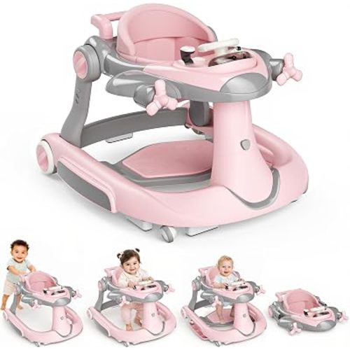 Todefull 6-in-1 Baby Walker with Wheels, 3 Level Height Adjustable with Music & Lights Box, Speed Control, Anti-Slip Base, Foldable Baby Push Infant Walkers for Babies 6-12 Months, Boys & Girls