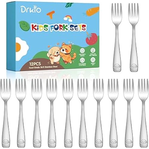 DRKIO Stainless Steel Toddler Forks Set - 12 Pieces Kids Forks Set Children Safe Food Grade Kids Silverware Small Forks Metal Toddler Utensils Dishwasher Safe Mirror Polished