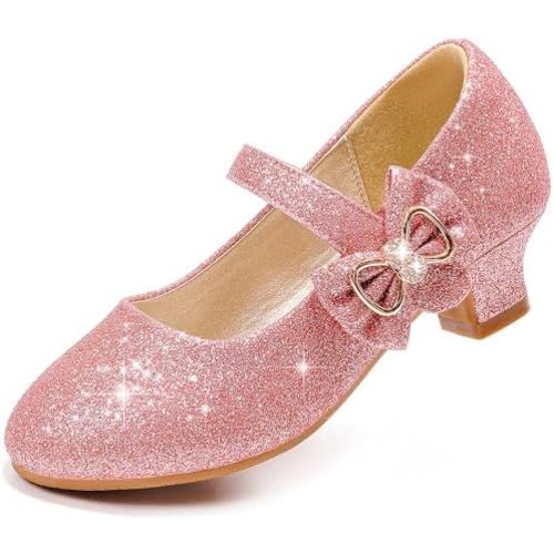 Dufannie Girls Dress Shoes Low Heel Princess Flats Mary Jane Flower Wedding Party Glitter Shoes for Kids Toddler