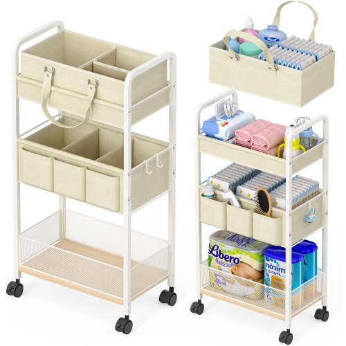 2In1 Diaper Caddy & 3-Tier Rolling Cart, Diaper Caddy Organizer Carts with Dividers, Mobile Metal Utility Cart for Nursery Essentials, Detachable Bedside Cart, Large Capacity, White