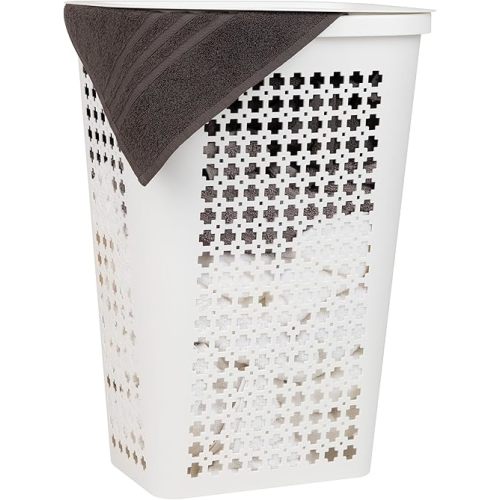 Mind Reader Slim Tapered Laundry Hamper with Lid, Clothes Basket with Swiss Cross Cut-Outs, Lightweight & Ventilated, Plastic, 16.75"L x 12.75"W x 23"H, White
