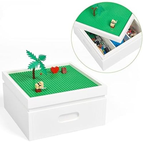 UTEX Buildable Cubby Storage with Building Baseplate Lid for Lego, Wooden Building Blocks Organizer with 3 compartments, Bricks Storage Bins Compatible with Lego and Duplo Bricks, White