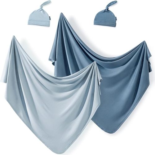2 Set Newborn Swaddle Blanket with Beanie(4 pcs), Ultra Soft Stretchy Jersey Knit Extra Large Size 33 x 44 Receiving Blankets for Easy Swaddling Baby Snug and Cozy