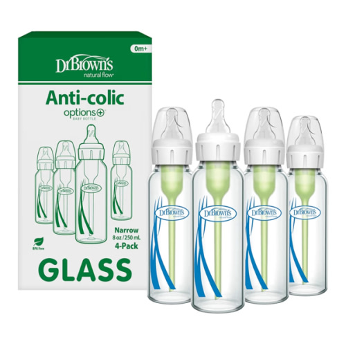 Dr. Brown's Anti-Colic Options+ Narrow Glass Baby Bottle with Level 1 Slow Flow Nipple, BPA-Free, 8 oz/250 mL, 4-Pack
