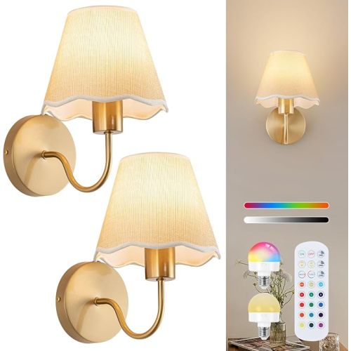 ADISUN Battery Operated Wall Sconce Set of 2, Gold Wall Lamps Rechargeable Bulbs for Living Room, Cream Rattan Shade, Wireless Wall Lights for Bedroom Living Room Hallway Kitchen(2 Bulbs Included)