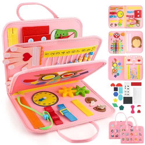 Toddler Busy Board, Montessori Sensory Toys for Boys, 1-4 Year Old Girl Toddler Travel Toys, Educational Learning Activities Board for Motor Skills, Birthday Gifts for Airplane Car, Pink