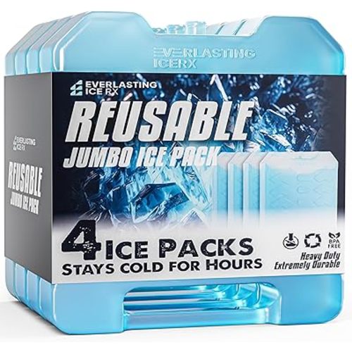 Everlasting Ice RX Large Reusable Ice Packs for Cooler with Handle (4 Pack) Long Lasting Coolness, BPA Free, Freezer Packs for Extended Cooling | Cooler Ice Packs for Camping, Fishing, Hiking, Beach
