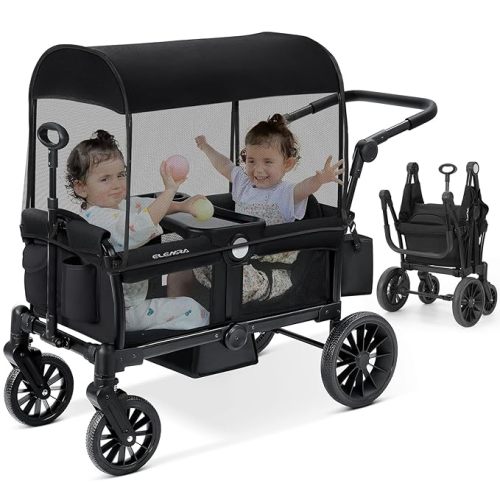 ELEMARA Foldable Wagon Stroller, Stroller Wagon for 2 Kids, Premium All Terrain Wagon for Kids with Removable Canopy, Adjustable Push/Pull Handle, Harnesses, Large Storage Bag, Black