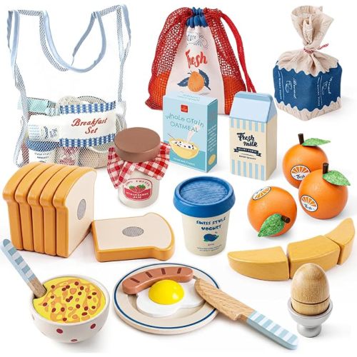 Lehoo Castle Wooden Play Food Set - Montessori Cutting Fruit Egg Bread, Pretend Breakfast Food Toys for Kids Kitchen, Educational Toddler Toys 3-5 Years, with Storage Bag, Birthday Gift for Boys Girls