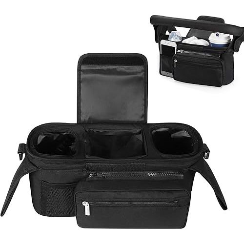 QOOWFEANIG Universal Stroller Organizer with Insulated Cup Holder 13.3×4.7×5.9in Large Capacity Phone Pocket & Detachable Shoulder Strap Stroller Accessorie Fits Compact Design Fits Any Strollers