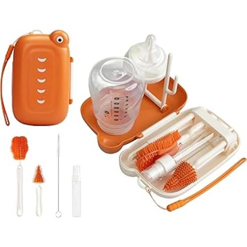 Dawufirst Baby Travel Essential Bottle Brush Set, Baby Bottle Cleaning Kit, Baby Bottle Cleaner Brush Set, 7 in 1, Orange