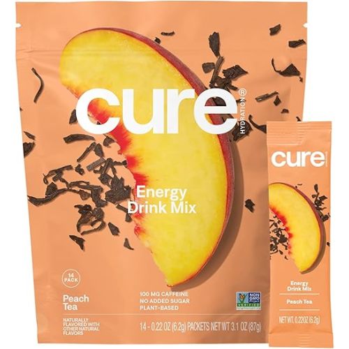 Cure Hydration Performance | Plant-Based Electrolyte Energy Drink Mix | No Added Sugar | Dehydration Relief Powder | 100mg of Caffeine | Non-GMO | Vegan | Pouch of 14 Packets - Peach