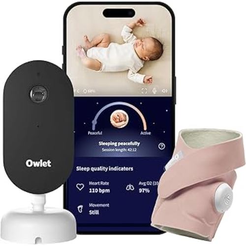 Owlet Dream Duo (3rd Gen) – Smart Baby Monitor with Sock & HD Video Cam, Tracks Pulse Rate, Oxygen Trends & Sleep, 2K HD Video, Cry & Motion Alerts, Temp Monitoring - Dusty Rose