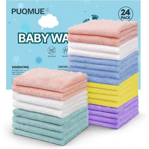 Puomue 24 Pack Baby Washcloths, Multicolor Microfiber Coral Fleece, 7" x 9", Ultra Soft and Absorbent Baby Washcloths for Newborns and Toddlers, Gentle for Sensitive Skin (Multicolor1, 7"x9")