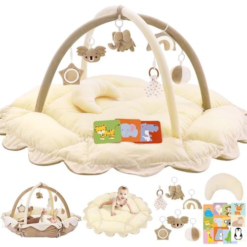 5-in-1 Plush Baby Play Gym, Activity Mat with Convertible Gym and Pillow, 6 Sensory Toys, Play Center from Newborn to Toddler, Cream