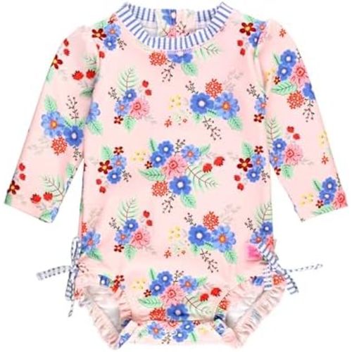RuffleButts Baby Girls UPF 50+ Sun Protection Floral Printed Long Sleeve One Piece Rash Guard Swimsuit with Zipper