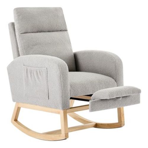 Ergonomic Nursery Rocking Chair with Adjustable Footrest, Teddy/PU Upholstery & Wood Leg Options 3 Styles