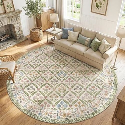 jinchan Haden Large Round Rug 8ft Vintage Floral Washable Rug for Living Room Soft Non-Slip Low Pile Circle Area Rug Dining Room Bedroom Kids Room Cottage Indoor Decor Sage Green