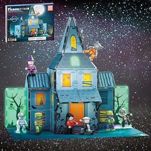PicassoTiles Scary Haunted House Magnetic Tiles Building Block with 8 Halloween Theme Action Figure Magnet Construction Toy Kit Double-Sided Mansion STEM Playset Adventure Boys & Girls Ages 3+ PTQ03
