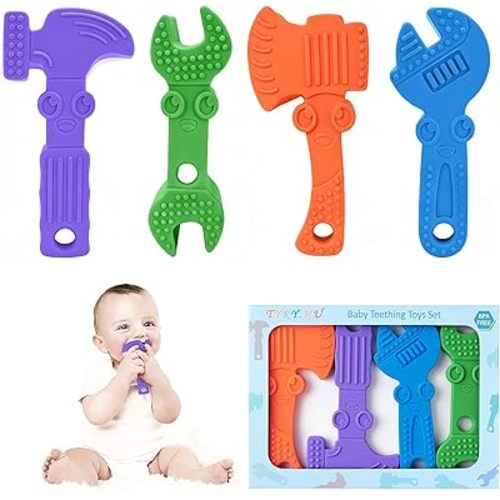TYRY.HU Baby Teething Toys for Babies, Baby Teether Toys, BPA Free Silicone Baby Molar Teether Chew Toys, Hammer Wrench Spanner Pliers for Boys Girls, Soft-Textured, Easy to Hold & Clean, 4 Packs