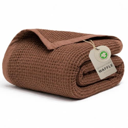 GOTS Certified 55"X60" Throw 100% Organic Cotton Waffle Blanket-Brown | Premium Waffle Blankets & Throws for Bed, Throw Blanket for Couch, Modern & Cozy Blanket, All Season, Comfy and Soft Blankets
