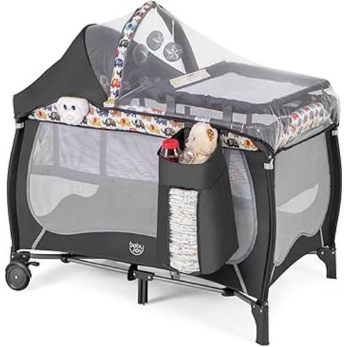 BABY JOY 4 in 1 Pack and Play, Portable Baby Playard with Bassinet, Adjustable Canopy, Changing Table, Lockable Wheels, Music Box, Travel Baby Crib Bassinet from Newborn to Toddler