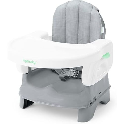 Ingenuity Deluxe Comfort Booster Seat for Kitchen Chair, Compact Fold, Portable, Lightweight, Toddler Booster Seat for Dining Table, from 6 Months to 3 Years – Grey
