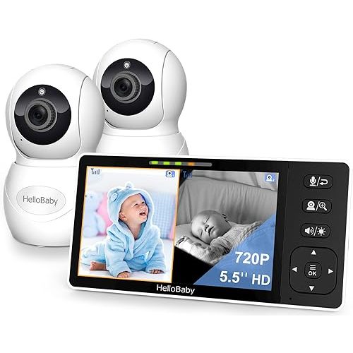 HelloBaby 720P 5.5" HD Baby Monitor 2 Cameras and Audio, No WiFi Split Screen, Dual 1080P Cameras Remote Pan Tilt Zoom, Wide View Range, Night Light, 4000mAh Battery, 2 Way Talk, Time&Clock