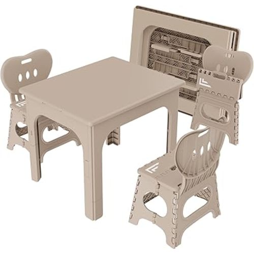 Foldable Kids Table and 2 Chairs Set, Portable Height Adjustable Toddler Activity Table, Indoor Outdoor Folding Table Set for Study, Crafts, Snack, Picnic, Playroom and Patio