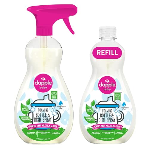 Dapple Baby Fragrance-Free Foaming Bottle & Dish Spray - (2 Pack) 16.9 fl oz - Plant-Powered Cleaner for Baby Bottles, Pump Parts, and Sippy Cups - Includes 1 Pump