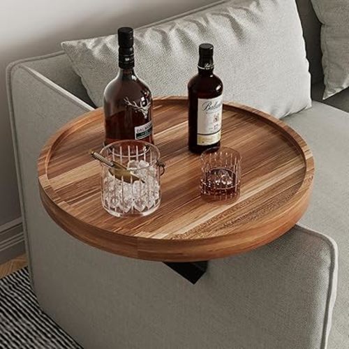 Acacia Wood Couch Arm Tray Table,11.8 Inch Adjustable Round Sofa Arm Tray,Wooden Armrest Table for Couches,Arm Chair Companion for Eating