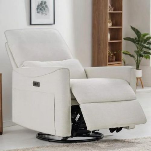 Dyonery Power Swivel Rocker Recliner, White Fabric Small Reclining Sofa with USB/Type-C Ports,Glider Nursery Chair with Lumbar Support