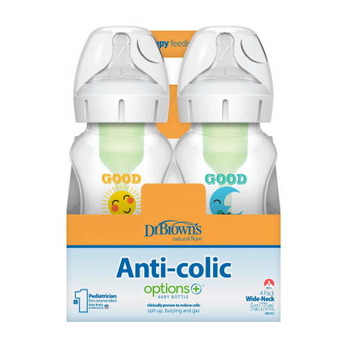Dr. Brown's Natural Flow Anti-Colic Options+ Wide-Neck Baby Bottle, Good Morning, 9oz, 0m+, 4 Pack
