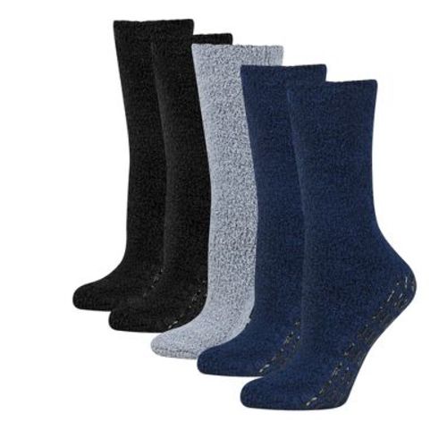 Weitzner Women's Non-Slip Fuzzy Hospital Socks with Grippers, Soft Plush Crew Slipper Socks, Fits Shoe Size 5-10, Gray/Navy/Black, 5 Pairs