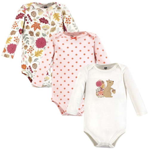 Hudson Baby Infant Girl Cotton Long-Sleeve Bodysuits, Fall Squirrel 3-Pack, 6-9 Months